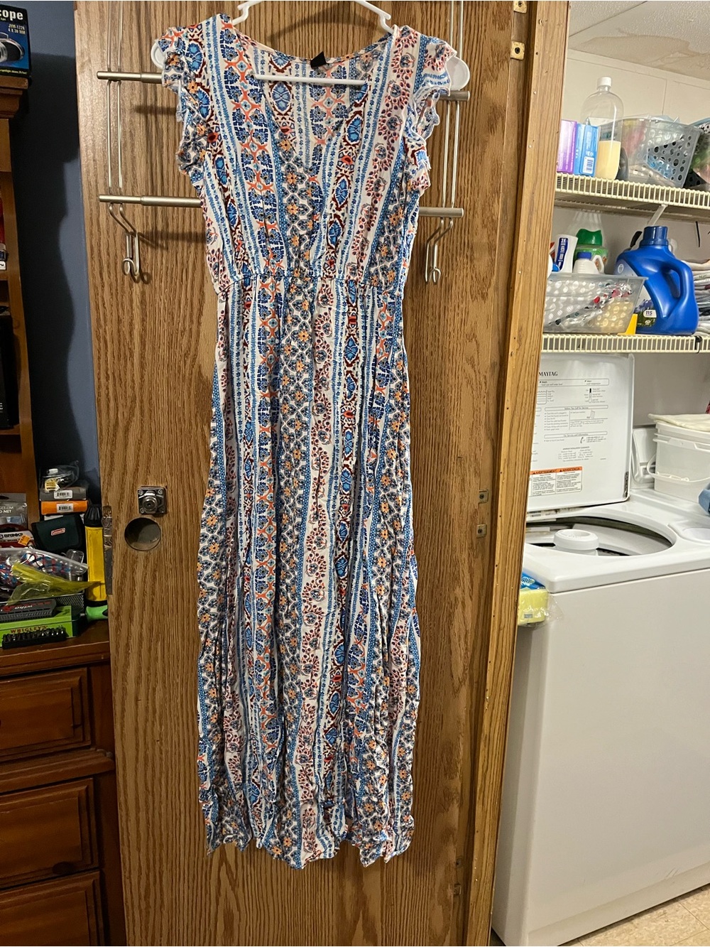 SHEIN Blue & Orange Striped Floral Ruffle Maxi Dress
